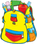 Cartoon picture of brightly colored backpack filled with an apple, pencil, marker, and other school items