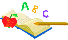 Graphic of open book with apple, pencil, and the letters ABC next to it