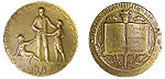 Two Beige Colored coins. One has one man talking to two children on either side. The other coin has an open book on it.