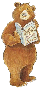 Cartoon Bear Standing Upright reading a book titled pirates A to Z 