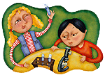 Cartoon of a Boy and a girl using test tubes and looking through a microscope