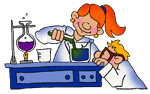 Cartoon of a girl and boy in white lab coats pouring a green substance from a test tube into a beaker. There is also a bunsen burner heating a rounded flask with a purple substance.