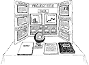 Black and White cartoon of science fair poster set up on a table. Has graphs and a model of the earth with a slice cut out so you can see the core. 