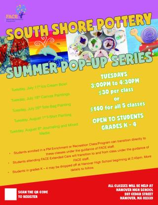 South Shore Pottery, Summer, Art Classes, Pop Up, Hanover, FACE, Enrichment, Recreation